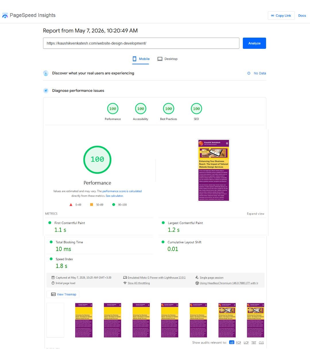 Pagespeed Insights Score showing 100/100